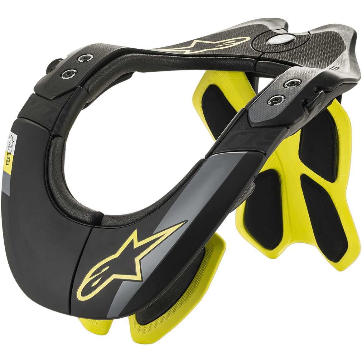 Alpinestars BNS Tech 2 nakkestøtte, nakkebeskyttelse til motorcykel, sort og fluorescerende gul, ergonomisk kulfiber-polymerramme med polstret inderside, stjernelogo-detalje, motocross- og off-road-beskyttelse