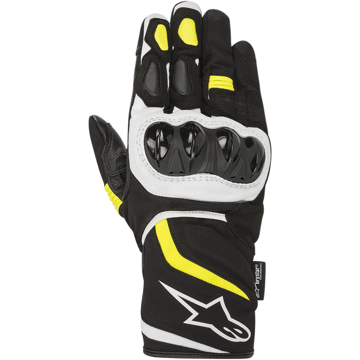 Alpinestars T-SP W Drystar® handsker, sport-motorcykelhandsker til damer, sort med gul fluo og hvide detaljer, hård knobeskytter, mellemlang manchet med hvidt logo, vandtæt tekstil- og softshell-konstruktion