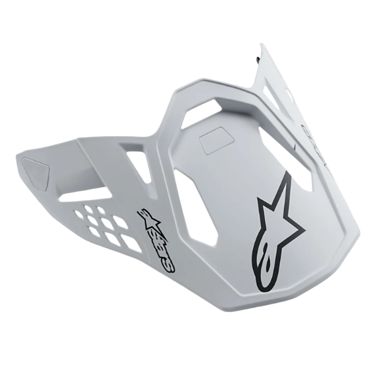 Alpinestars Supertech M10 Dyno hjelmvisir, mat hvid, med sorte Alpinestars stjerne-logoer, motocross racing-skygge med geometriske udskæringer til luftgennemstrømning, mat finish, aerodynamisk design til terrænkørsel