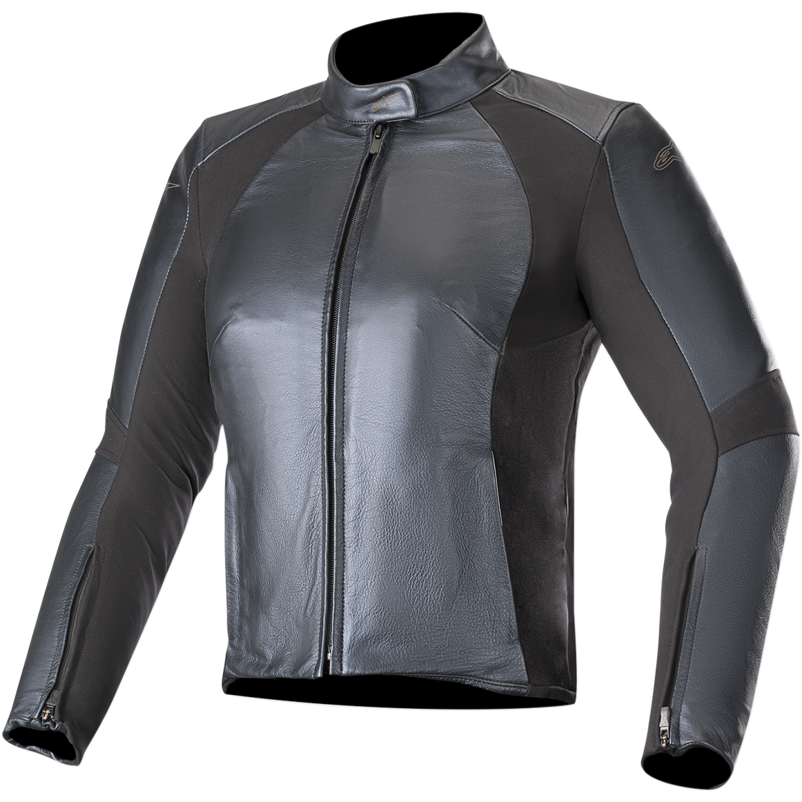 Alpinestars Stella Vika V2 læderjakke, dame motorcykeljakke, metallisk blå, stilren læderkonstruktion med matte aramid-strækpaneler, høj krave, lynlås foran, skræddersyet figurnær pasform