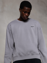 Alpinestars Essentials Ageless Crew, sølvfarvet premium crewneck sweatshirt, med et lille sort Alpinestars-logo på brystet, båret af en model, afslappet lifestyle streetwear med en blød fleecetekstur.