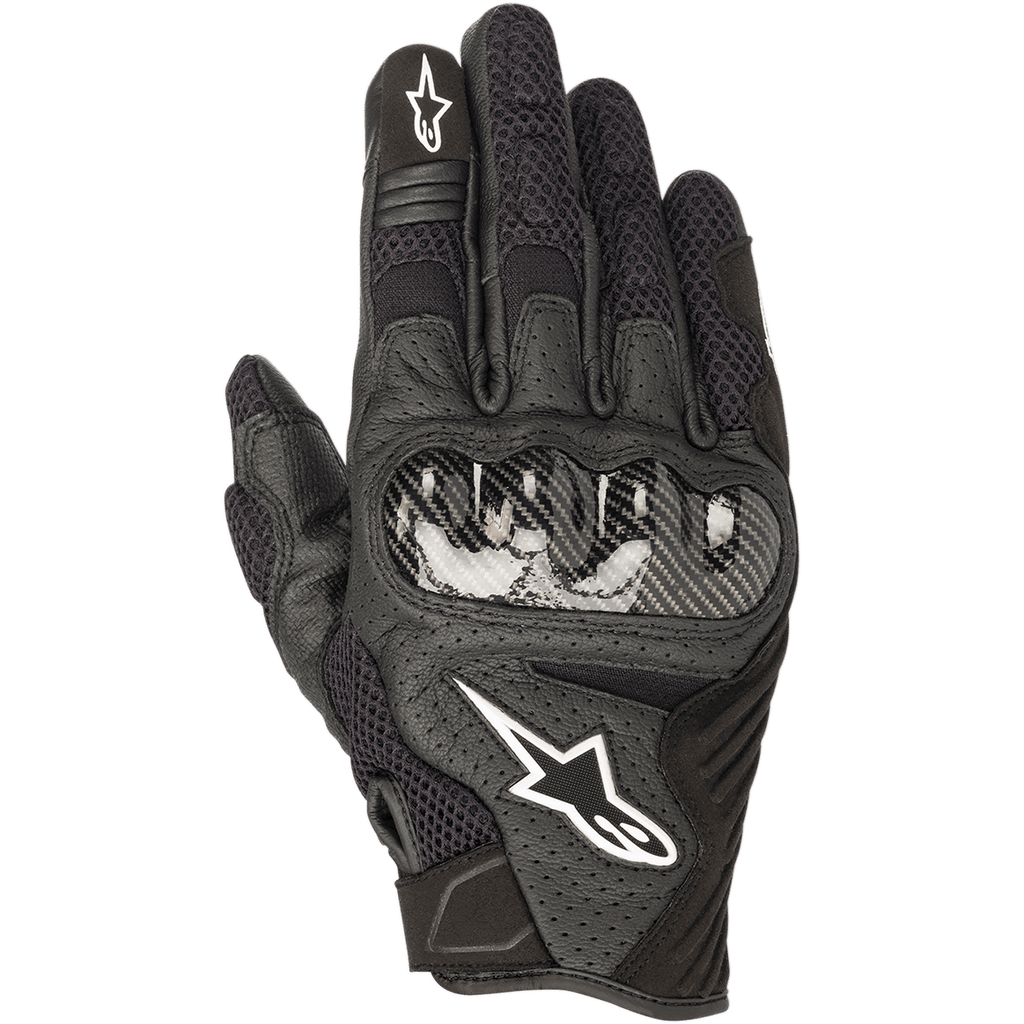 Alpinestars SMX-1 Air V2 Gloves, Black Motorcycle Gloves, featuring carbon fiber-style knuckle protection, white star logo, mesh panels and perforated leather for airflow, short cuff design for street and urban use.