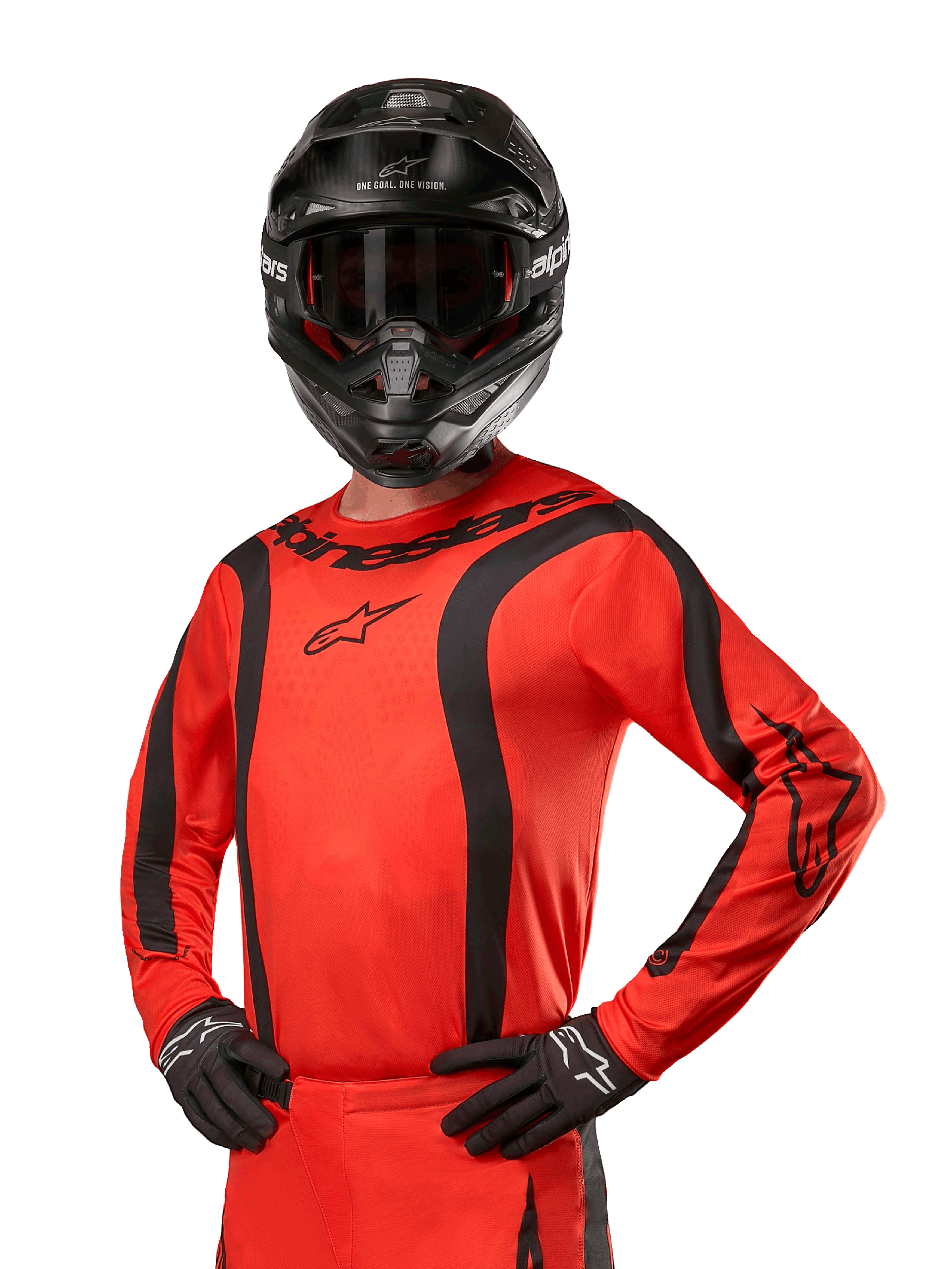 2024 Fluid Lurv Jersey, motocross racertrøje, Hot Orange og sort, langærmet med buede sorte striber, Alpinestars-logoer på bryst og skuldre, båret med sort hjelm og handsker, atletisk off-road udstyr