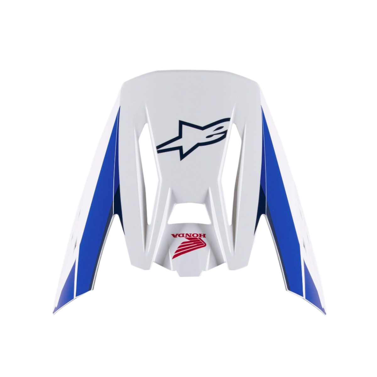 Alpinestars Honda S-M5 visir, erstatningsvisir til hjelm, hvid, blå og rød blank finish, med blå sidepaneler med navyblå Alpinestars- og røde Honda-logoer, tilbehør til motocross-hjelme