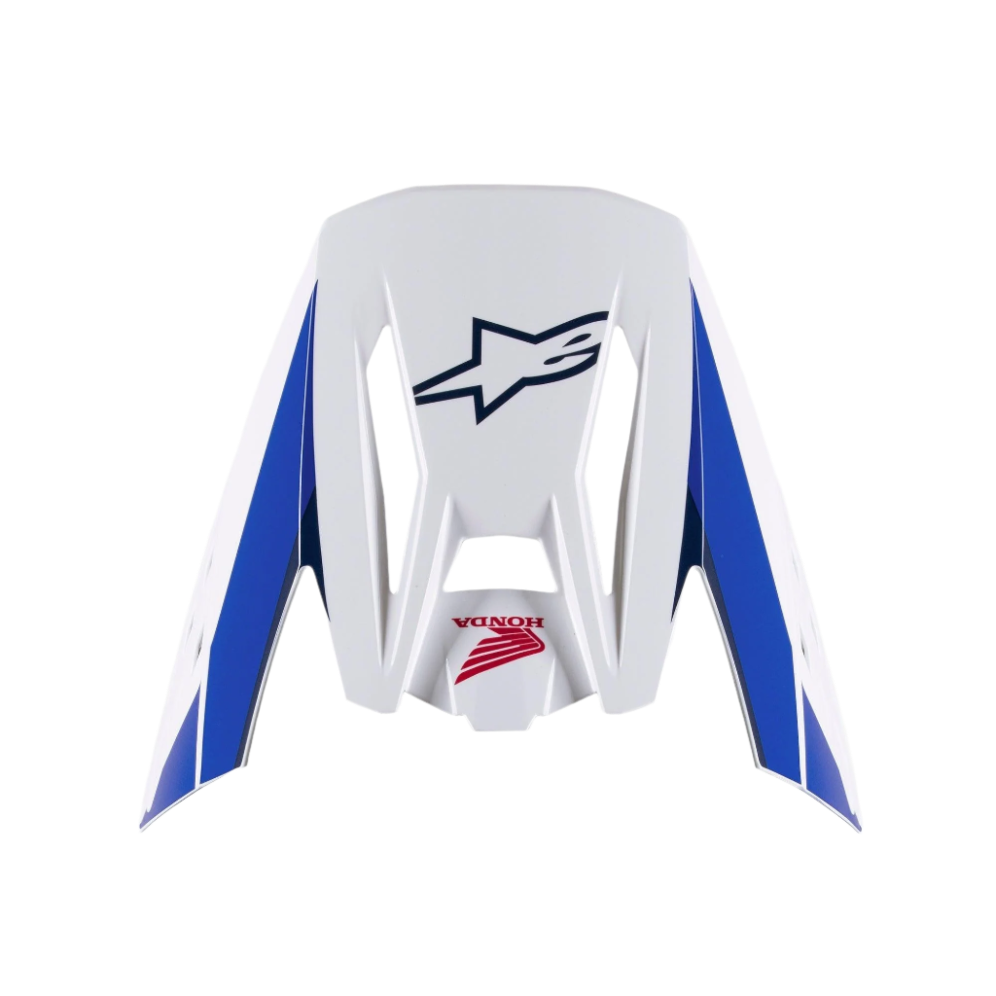 Alpinestars Honda S-M5 visir, erstatningsvisir til hjelm, hvid, blå og rød blank finish, med blå sidepaneler med navyblå Alpinestars- og røde Honda-logoer, tilbehør til motocross-hjelme