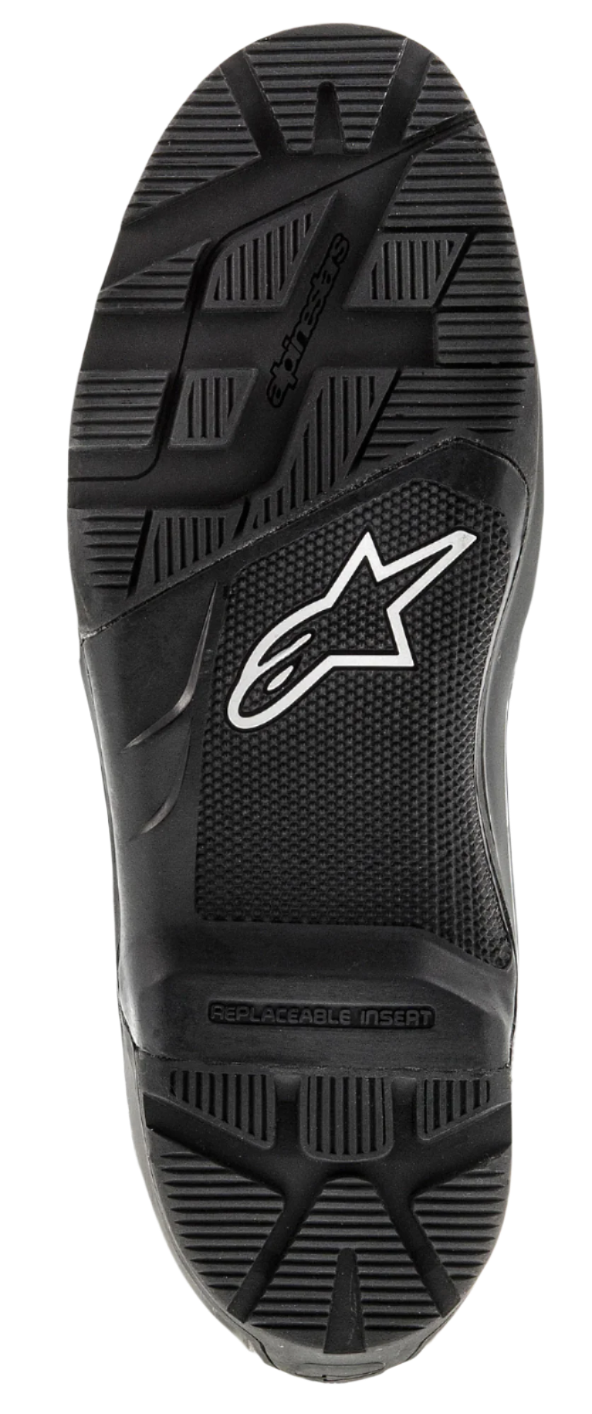 Alpinestars Tech 7 Enduro-sål, udskiftelig gummiydersål, sort med hvidt stjernelogo, robust slidmønster for greb i terræn, holdbar reservedel til motocross- og endurostøvler