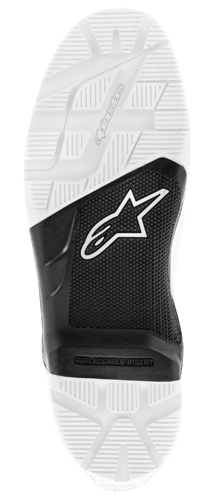 Alpinestars Tech 7 Enduro sål, udskiftelig gummiydersål, sort og hvid, set nedefra med tekstureret slidmønster og groft mønster, hvidt Astars-logo på den sorte midterdel og præget Alpinestars-branding, reservedel til off-road motorcykelstøvler