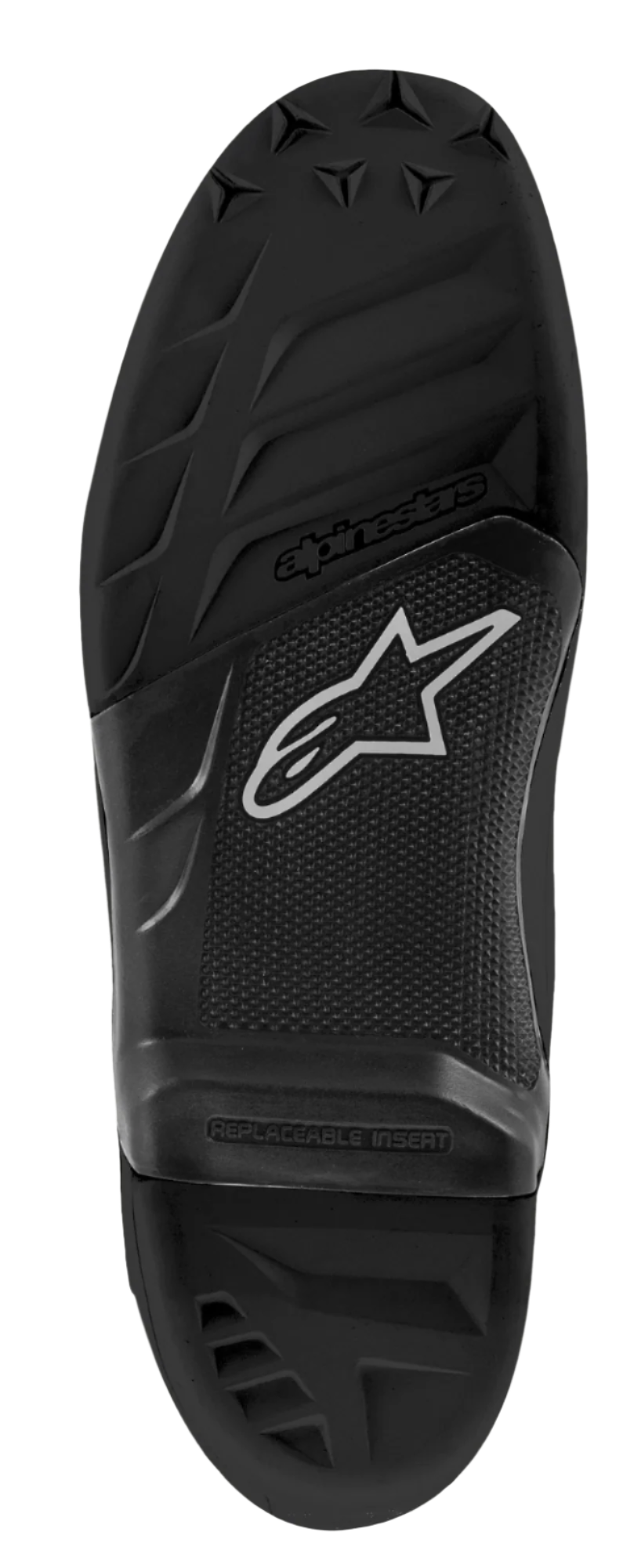 Alpinestars Tech 7 Sål, udskiftelig ydersål til motocrossstøvler, sort gummikonstruktion, teksturerede slidmønstre, Alpinestars-logo og stjerneemblem, 'REPLACEABLE INSERT' tekst på midtersektionen
