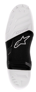 Alpinestars Tech 7 sål, udskiftelig motocross-støvlesål, hvid og sort, tekstureret grebsoverflade, Alpinestars-logo og udskiftelig midterindsats til terrænkørsel