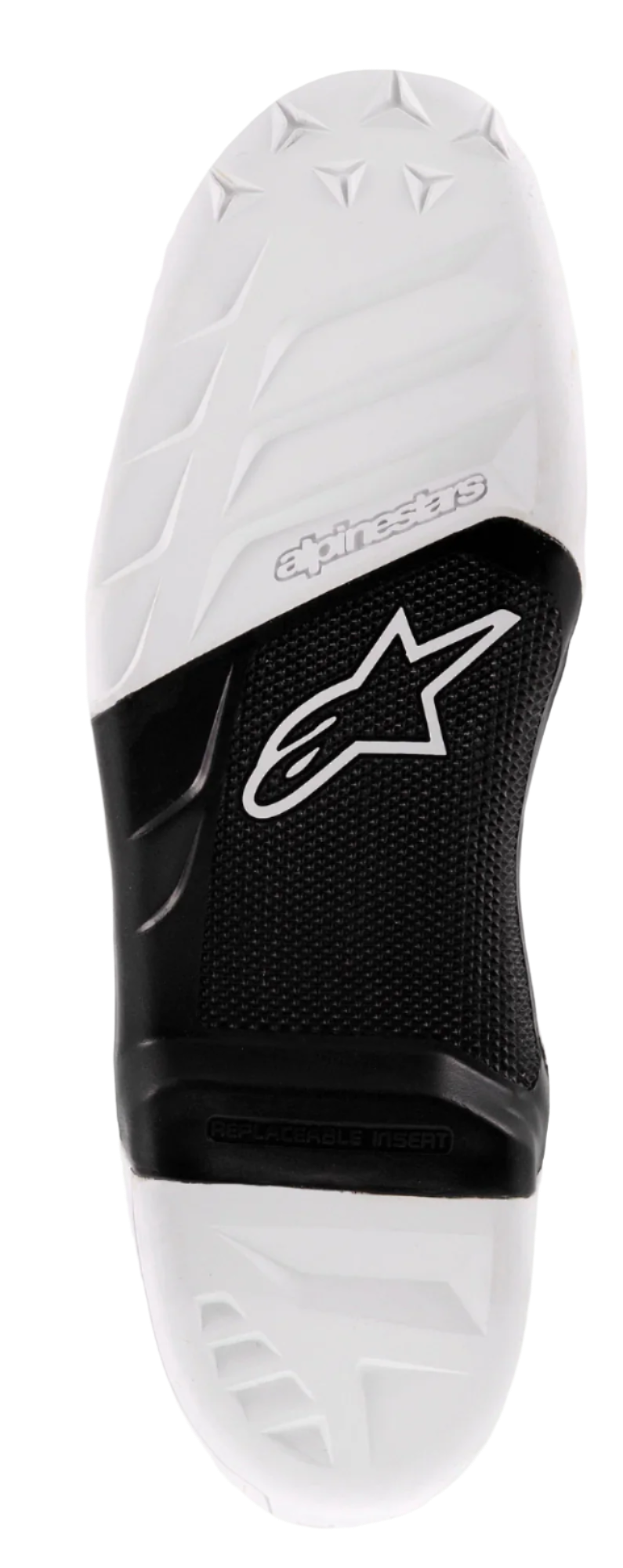Alpinestars Tech 7 sål, udskiftelig motocross-støvlesål, hvid og sort, tekstureret grebsoverflade, Alpinestars-logo og udskiftelig midterindsats til terrænkørsel
