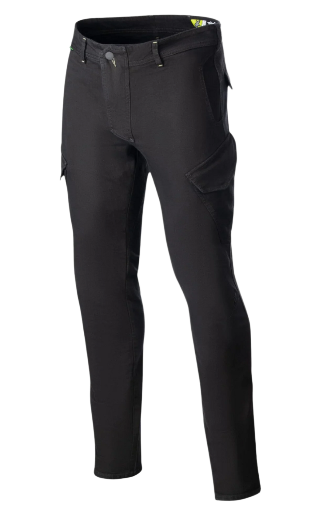 Alpinestars Caliber Slim Fit Tech Riding Pants, sorte motorcykelbukser med vinklede cargolommer i kampstil, slim tapered pasform, bælteløkker og knaplukning, fremstillet i stretch Cordura-denim for et teknisk urbant look