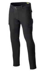 Alpinestars Caliber Slim Fit Tech Riding Pants, sorte motorcykelbukser med vinklede cargolommer i kampstil, slim tapered pasform, bælteløkker og knaplukning, fremstillet i stretch Cordura-denim for et teknisk urbant look