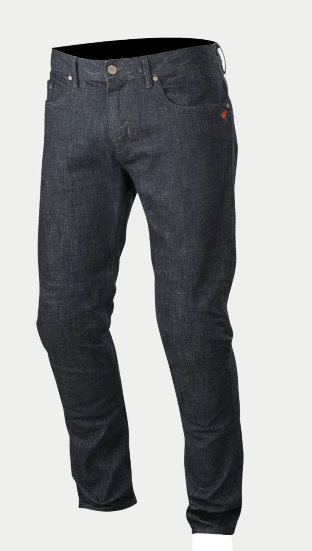 Alpinestars Copper Denim bukser, motorcykeljeans, mørkeblå, regular straight fit, klassisk fem-lomme design med lille rød logo-detalje på lommen, forformet benkonstruktion til bykørsel