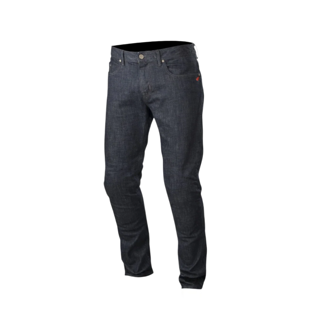 Alpinestars Copper Denim bukser, motorcykel jeans, mørkeblå, regular straight fit med forformet benkonstruktion, har et lille rødt logo på møntlommen, klassisk design med fem lommer til urban pendling