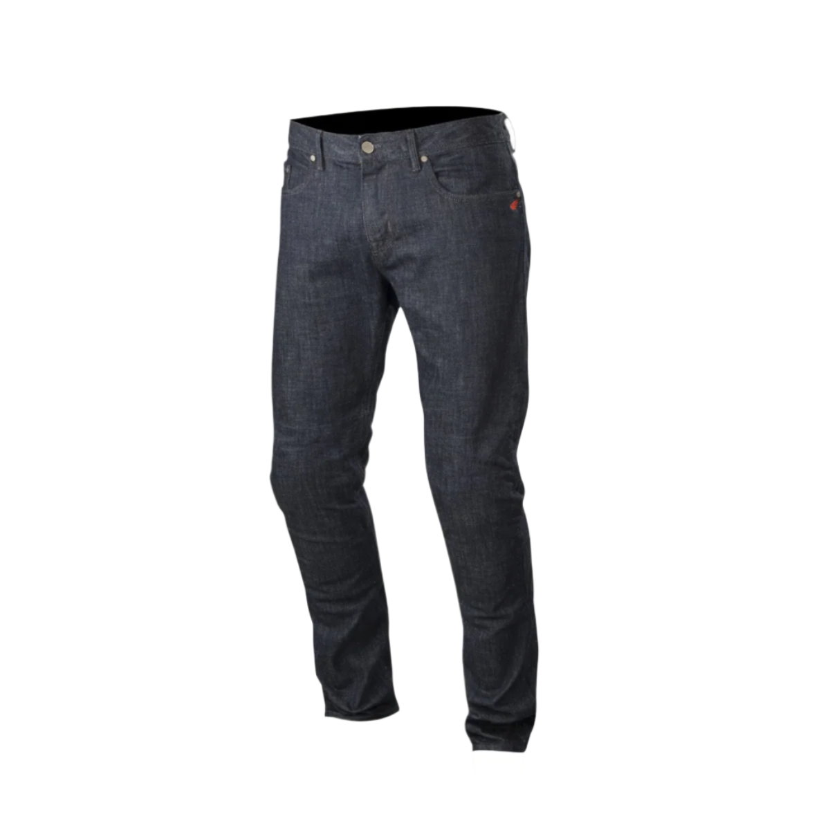Alpinestars Copper Denim bukser, motorcykel jeans, mørkeblå, regular straight fit med forformet benkonstruktion, har et lille rødt logo på møntlommen, klassisk design med fem lommer til urban pendling