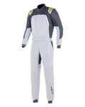 Alpinestars GP Pro Comp dragt, professionel autoracerdragt, Silver Blue Asphalt Lime, lys sølvfarvet krop med mørkegrå skulderpaneler og limegrønne detaljer, bælte i taljen og ribbede manchetter, FIA-certificeret tre-lags konstruktion til motorsport