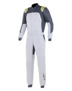 Alpinestars GP Pro Comp dragt, professionel autoracerdragt, Silver Blue Asphalt Lime, lys sølvfarvet krop med mørkegrå skulderpaneler og limegrønne detaljer, bælte i taljen og ribbede manchetter, FIA-certificeret tre-lags konstruktion til motorsport