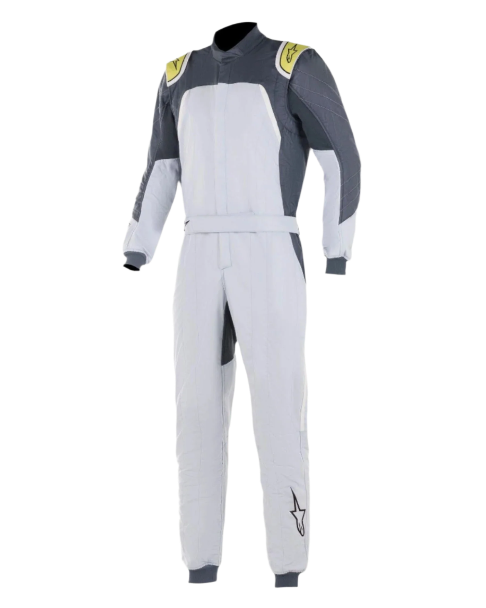 Alpinestars GP Pro Comp dragt, professionel autoracerdragt, Silver Blue Asphalt Lime, lys sølvfarvet krop med mørkegrå skulderpaneler og limegrønne detaljer, bælte i taljen og ribbede manchetter, FIA-certificeret tre-lags konstruktion til motorsport