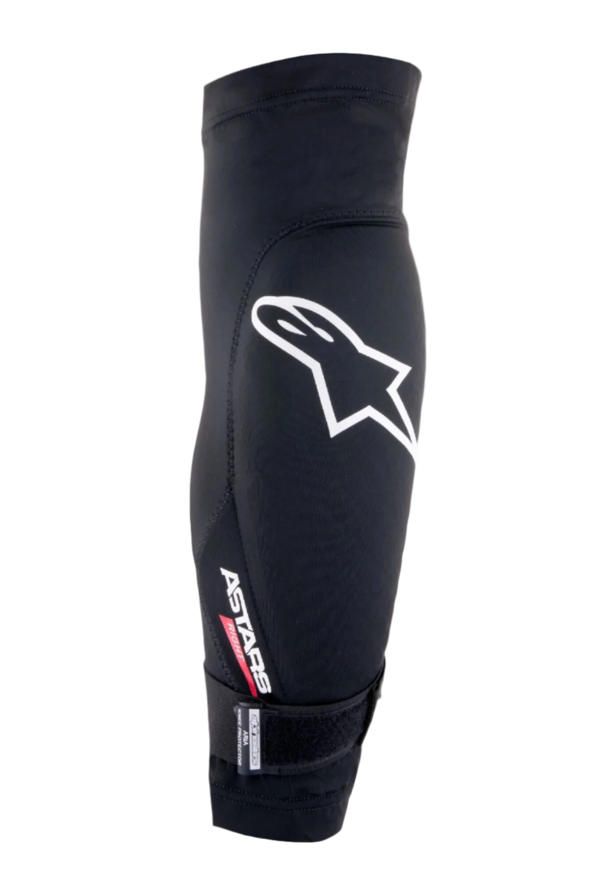 Alpinestars Aria knæbeskytter, sort og hvid, åndbart mesh-sleeve med et stort hvidt Astars-logo, 'ASTARS RIGHT'-tekst og en justerbar rem forneden, letvægtsbeskyttelse til mountainbike og cykling