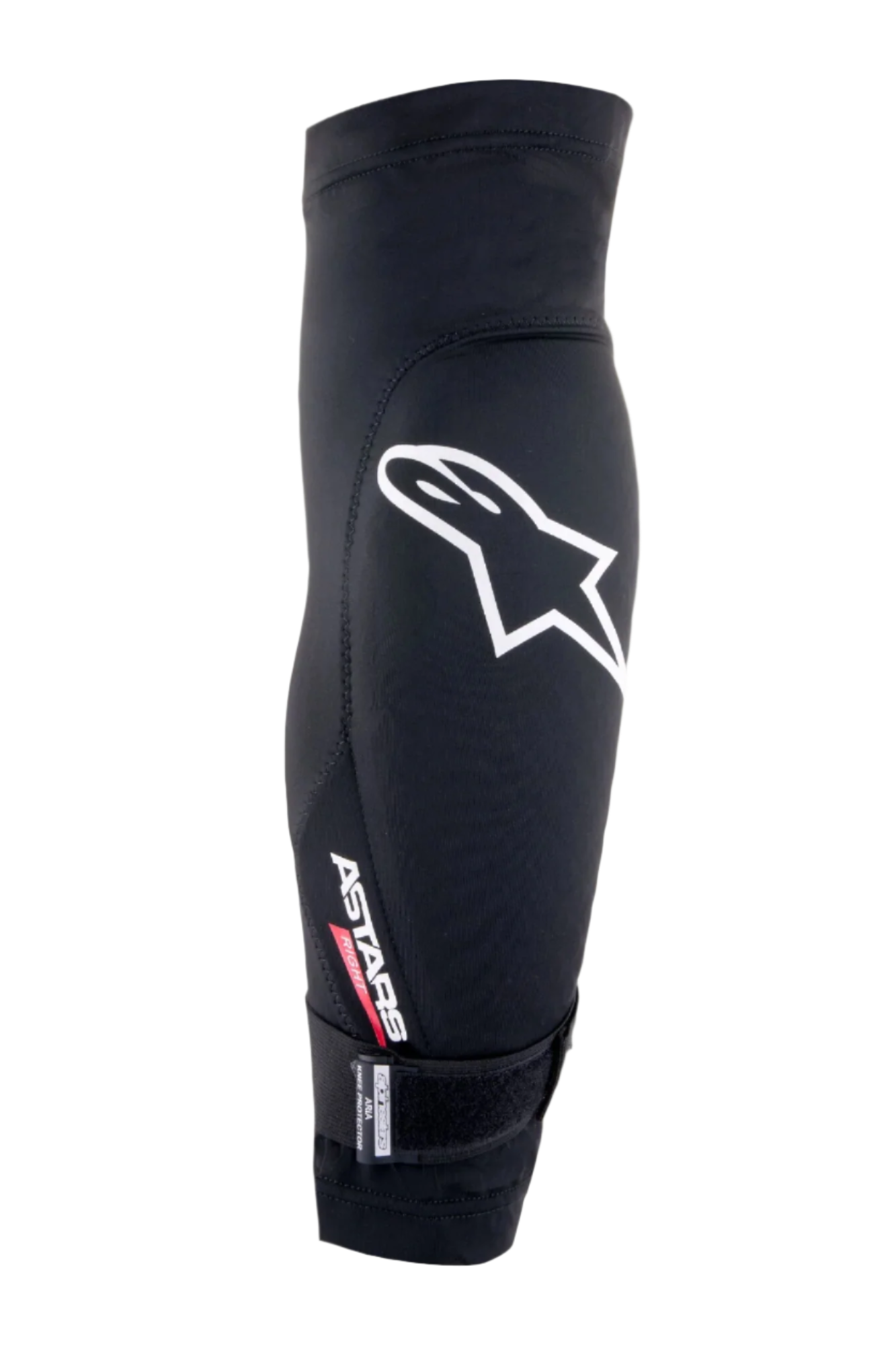 Alpinestars Aria knæbeskytter, sort og hvid, åndbart mesh-sleeve med et stort hvidt Astars-logo, 'ASTARS RIGHT'-tekst og en justerbar rem forneden, letvægtsbeskyttelse til mountainbike og cykling