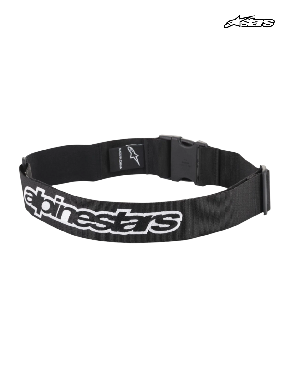 Alpinestars Pit Radio Bælte, mekaniker værktøjsbælte til autoracing i sort, med stor klipsspændelukning, strækindsats og broderet Alpinestars logo