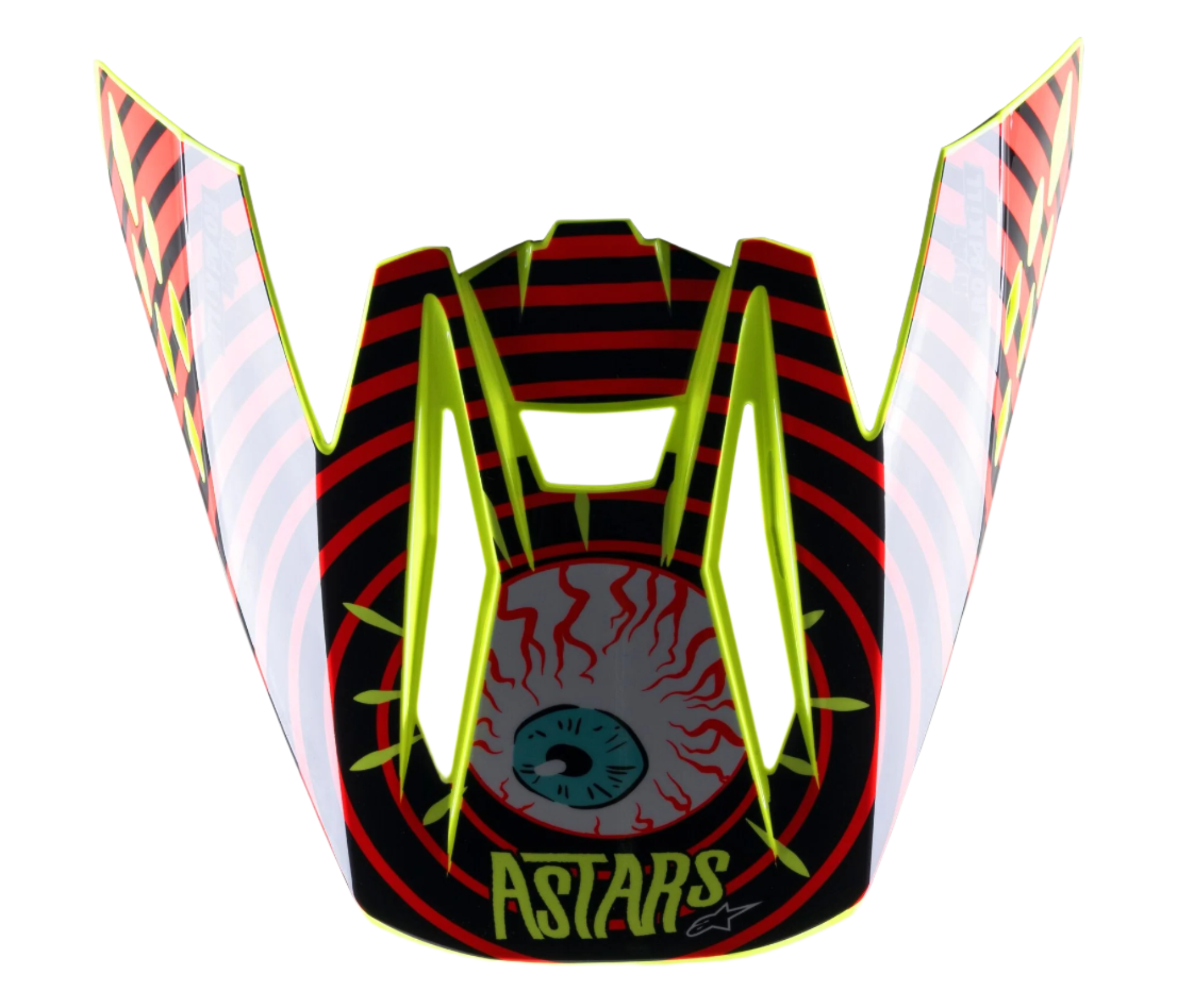 Alpinestars S-M5 Solar Flare-visir, reserveskærm til motocross-hjelm, sort, rød og neongul, med iøjnefaldende grafik af et blodskudt øjeæble, ASTARS-logo og neongul kant.