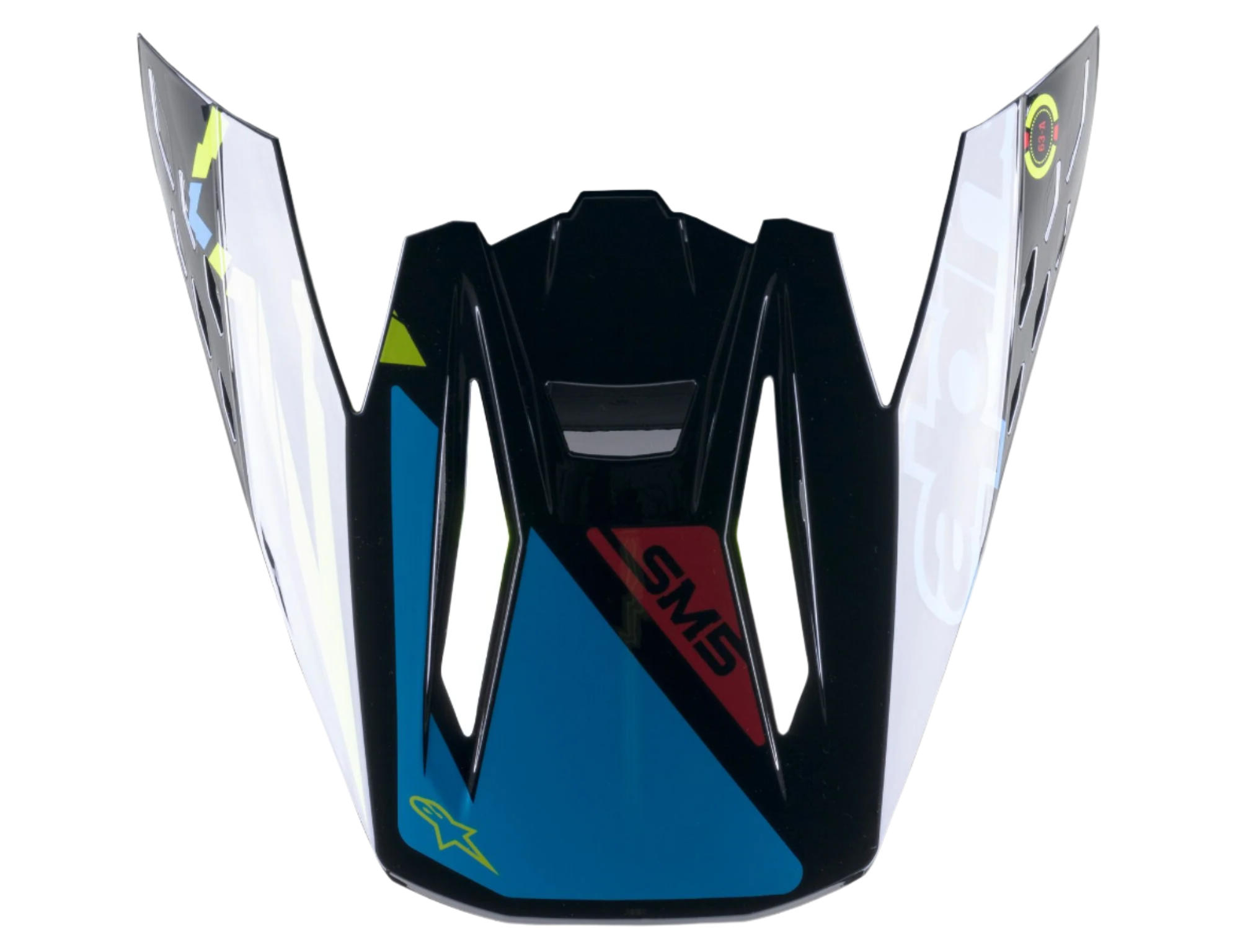 Alpinestars S-M5 Action visir, reservedel til motocross-hjelm, blank sort, cyan og neon-gul, med SM5-branding og stjernelogo, snap-on skygge til off-road kørsel