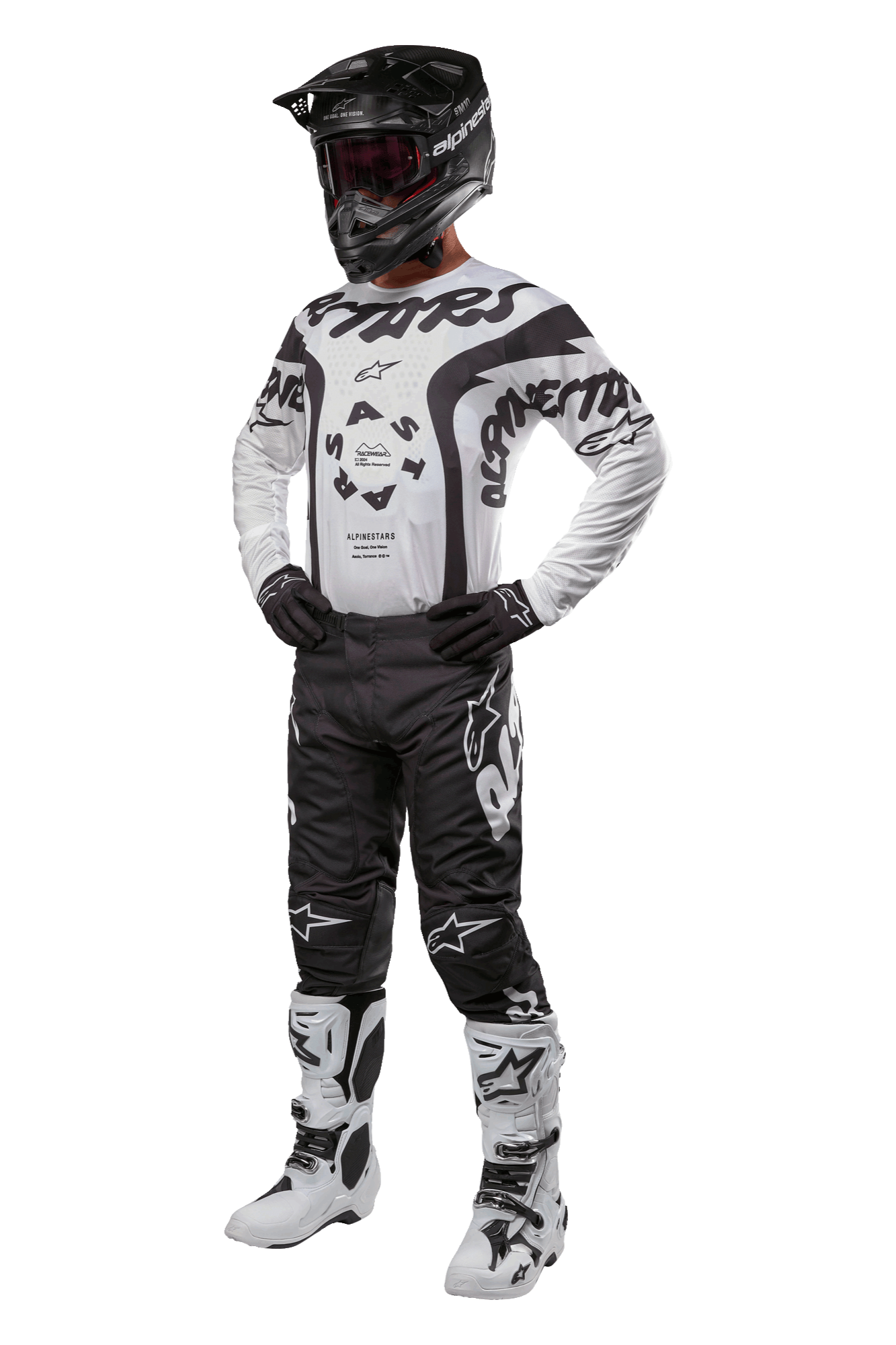 Alpinestars 2024 Racer Hana gear-sæt, komplet motocross-udstyr, hvid trøje med sort grafik, sorte bukser med hvide logoer, sort hjelm, sorte handsker og hvide støvler med sorte detaljer, beskyttelsesudstyr til terrænkørsel