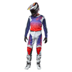 Alpinestars 2024 Racer Hoen Gear Set, komplet motocross-udstyr, lys grå og hot orange med sorte og lilla detaljer, hvid og lilla hjelm, sorte handsker og hvide støvler, beskyttende racerudstyr til terrænkørsel