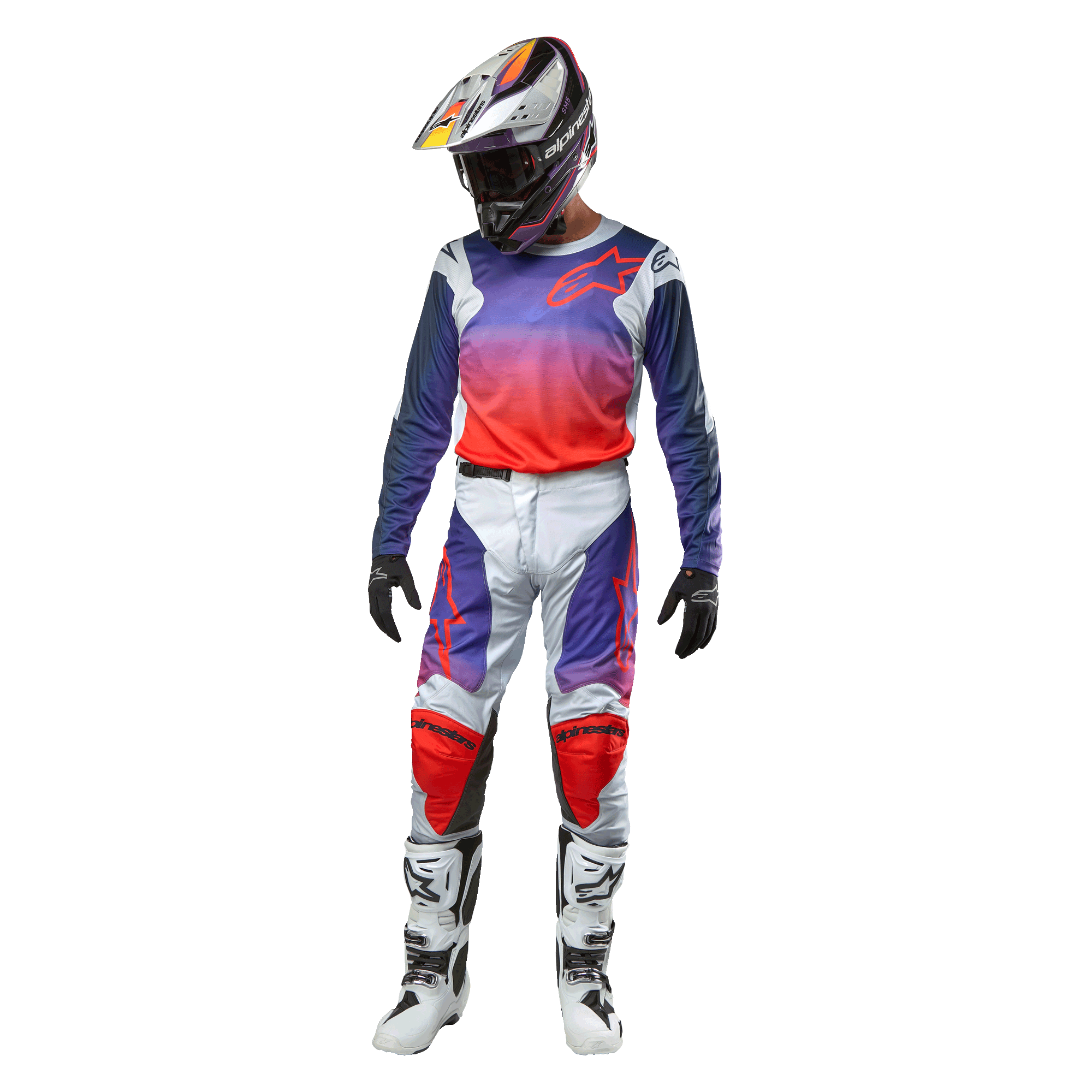 Alpinestars 2024 Racer Hoen Gear Set, komplet motocross-udstyr, lys grå og hot orange med sorte og lilla detaljer, hvid og lilla hjelm, sorte handsker og hvide støvler, beskyttende racerudstyr til terrænkørsel