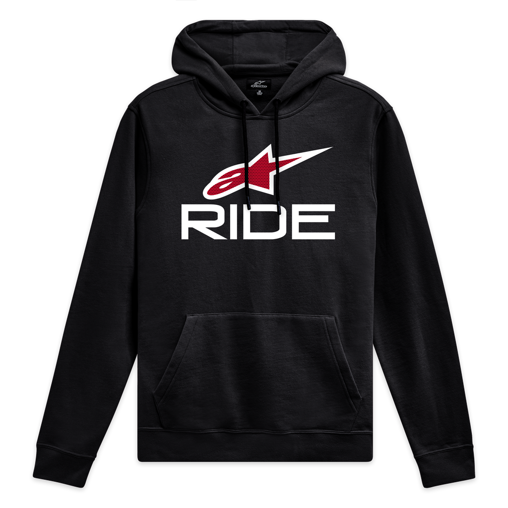 Alpinestars Ride 4.0 hættetrøje, sort hættetrøje med hvidt og rødt Ride-logo på brystet, afslappet motorsport sportstøj
