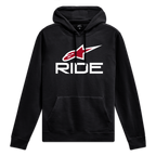 Alpinestars Ride 4.0 hættetrøje, sort hættetrøje med hvidt og rødt Ride-logo på brystet, afslappet motorsport sportstøj
