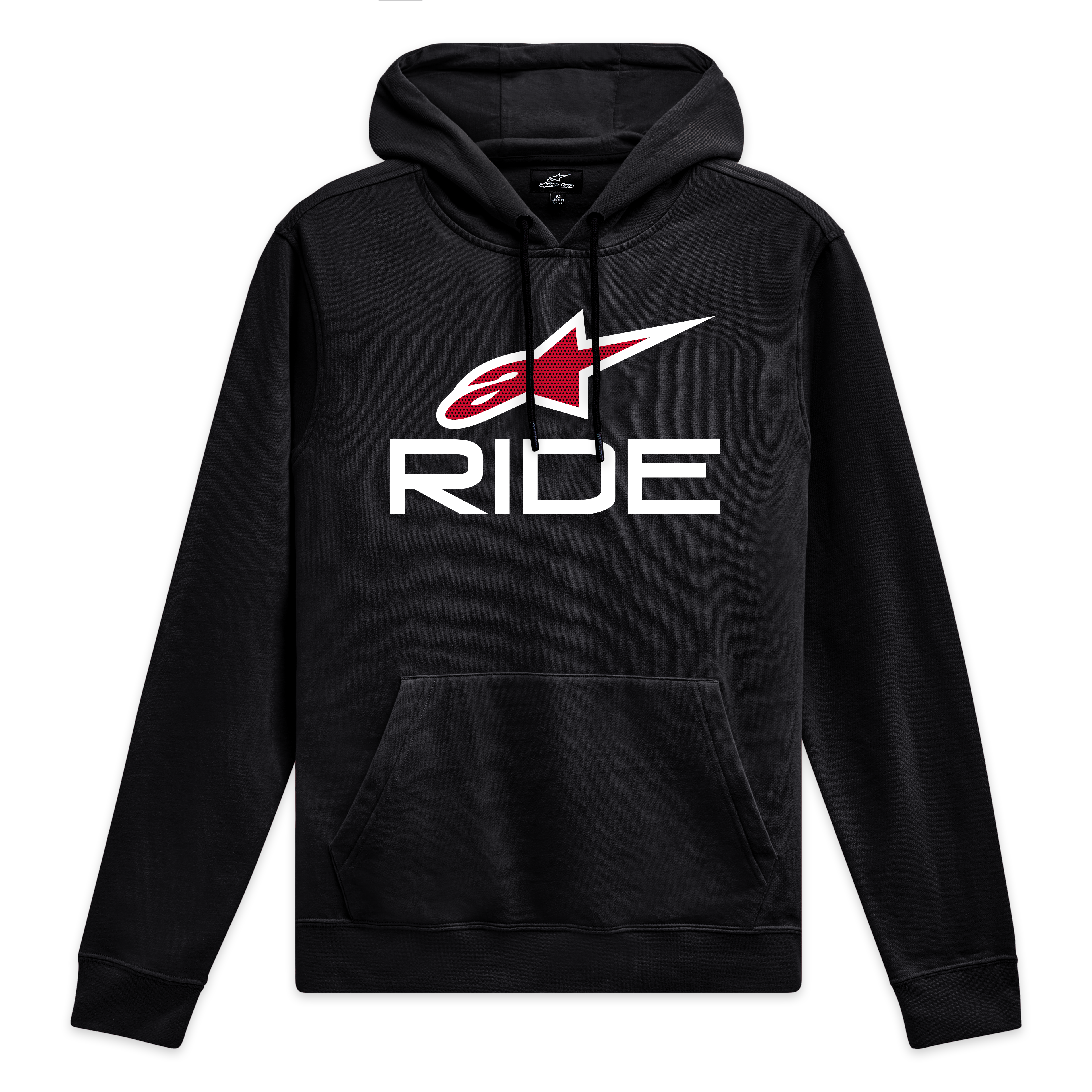 Alpinestars Ride 4.0 hættetrøje, sort hættetrøje med hvidt og rødt Ride-logo på brystet, afslappet motorsport sportstøj