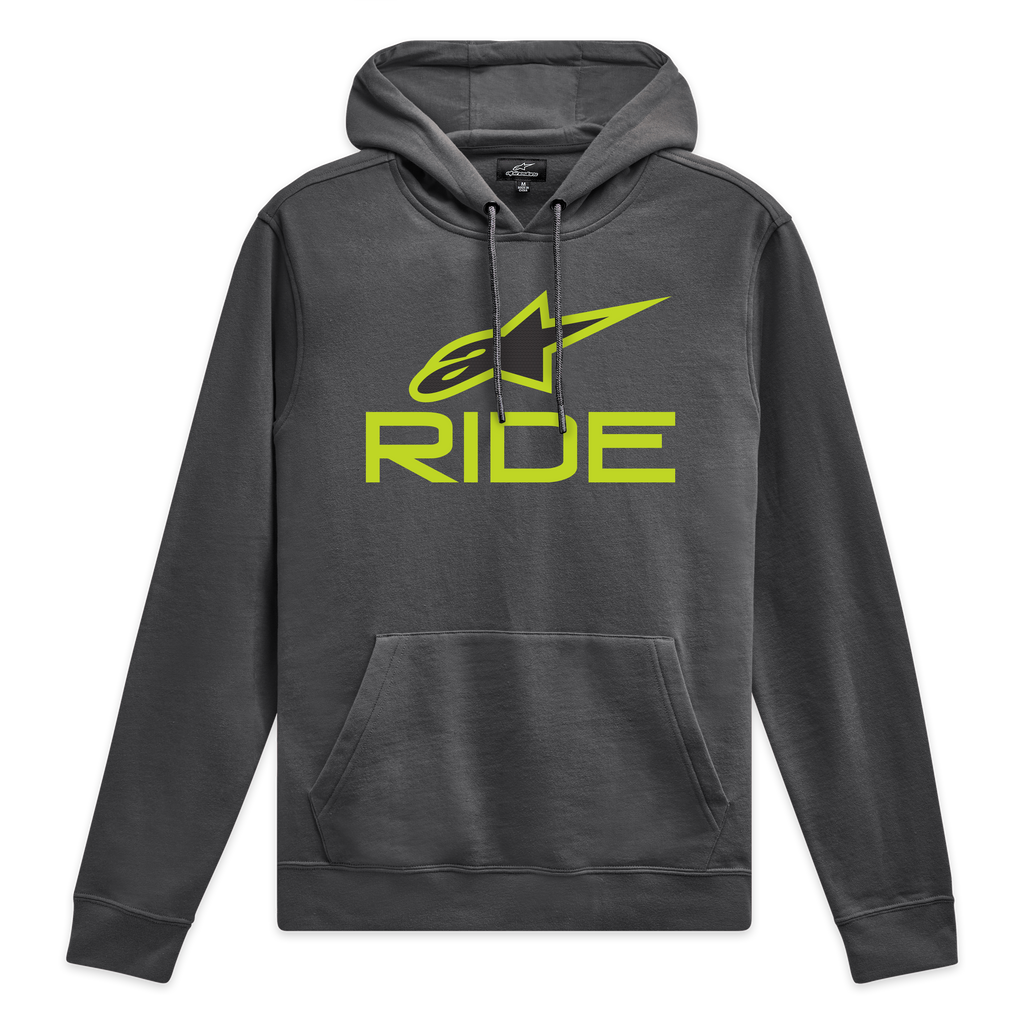 Alpinestars Ride Hættetrøje V 3, mørkegrå hættetrøje i fleece med limegrønt Ride-logo på fronten og matchende snore, afslappet motorsport sportstøj