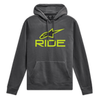 Alpinestars Ride Hættetrøje V 3, mørkegrå hættetrøje i fleece med limegrønt Ride-logo på fronten og matchende snore, afslappet motorsport sportstøj