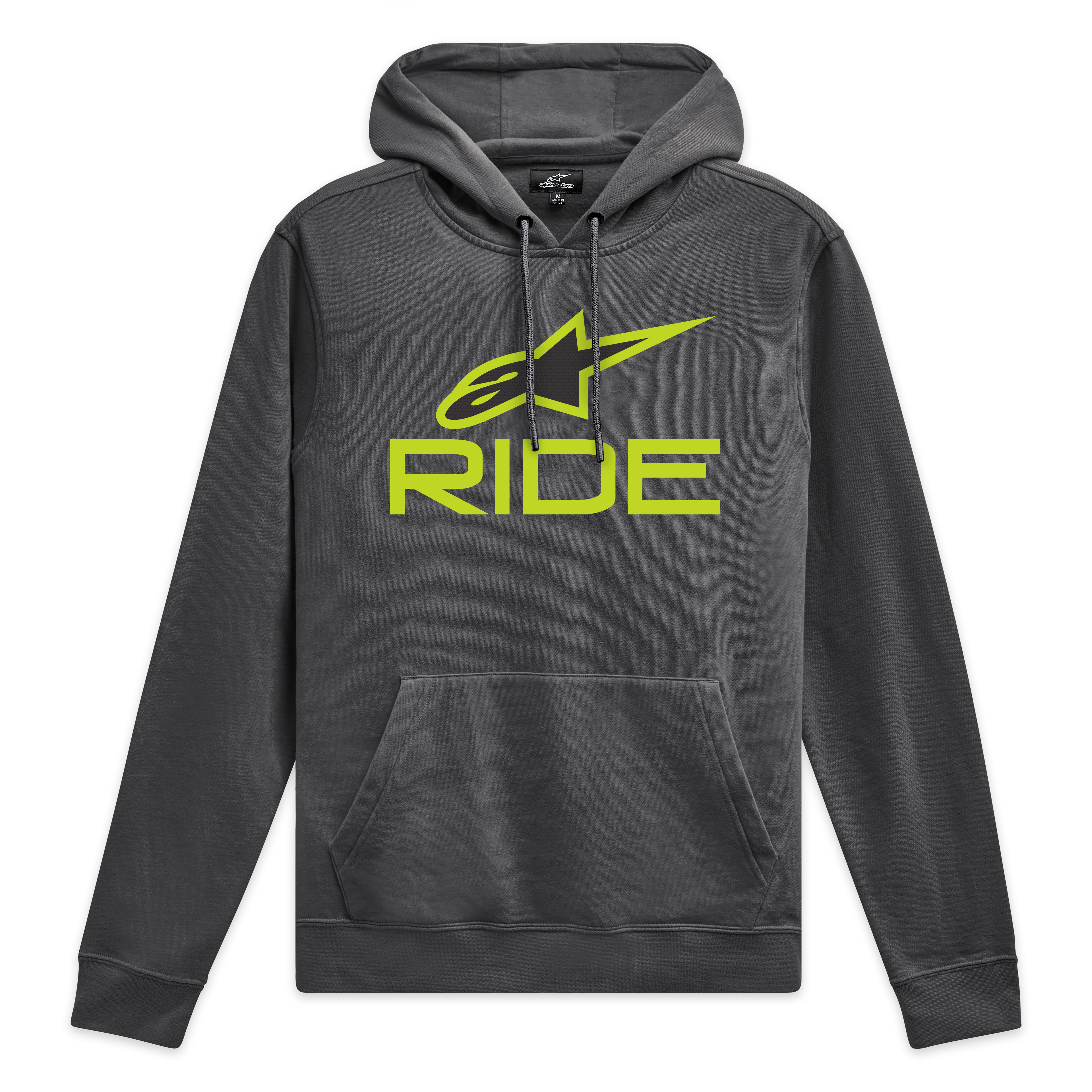 Alpinestars Ride Hættetrøje V 3, mørkegrå hættetrøje i fleece med limegrønt Ride-logo på fronten og matchende snore, afslappet motorsport sportstøj