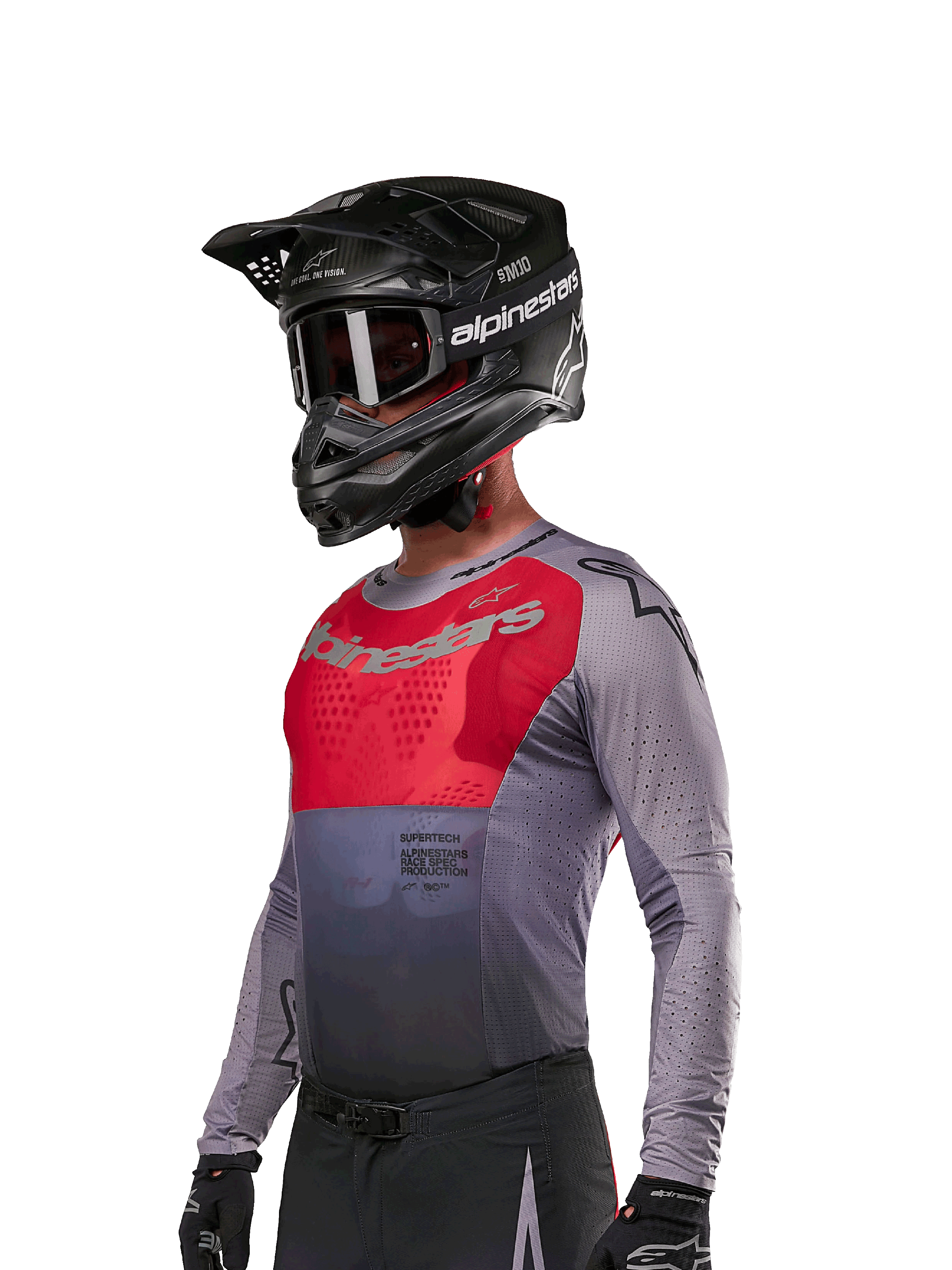 Alpinestars 2024 Supertech Dade trøje, motocross-jersey, rød og grå, langærmet med laserskårne perforeringer, båret af kører med sort hjelm og handsker, professionel atletisk racing-pasform