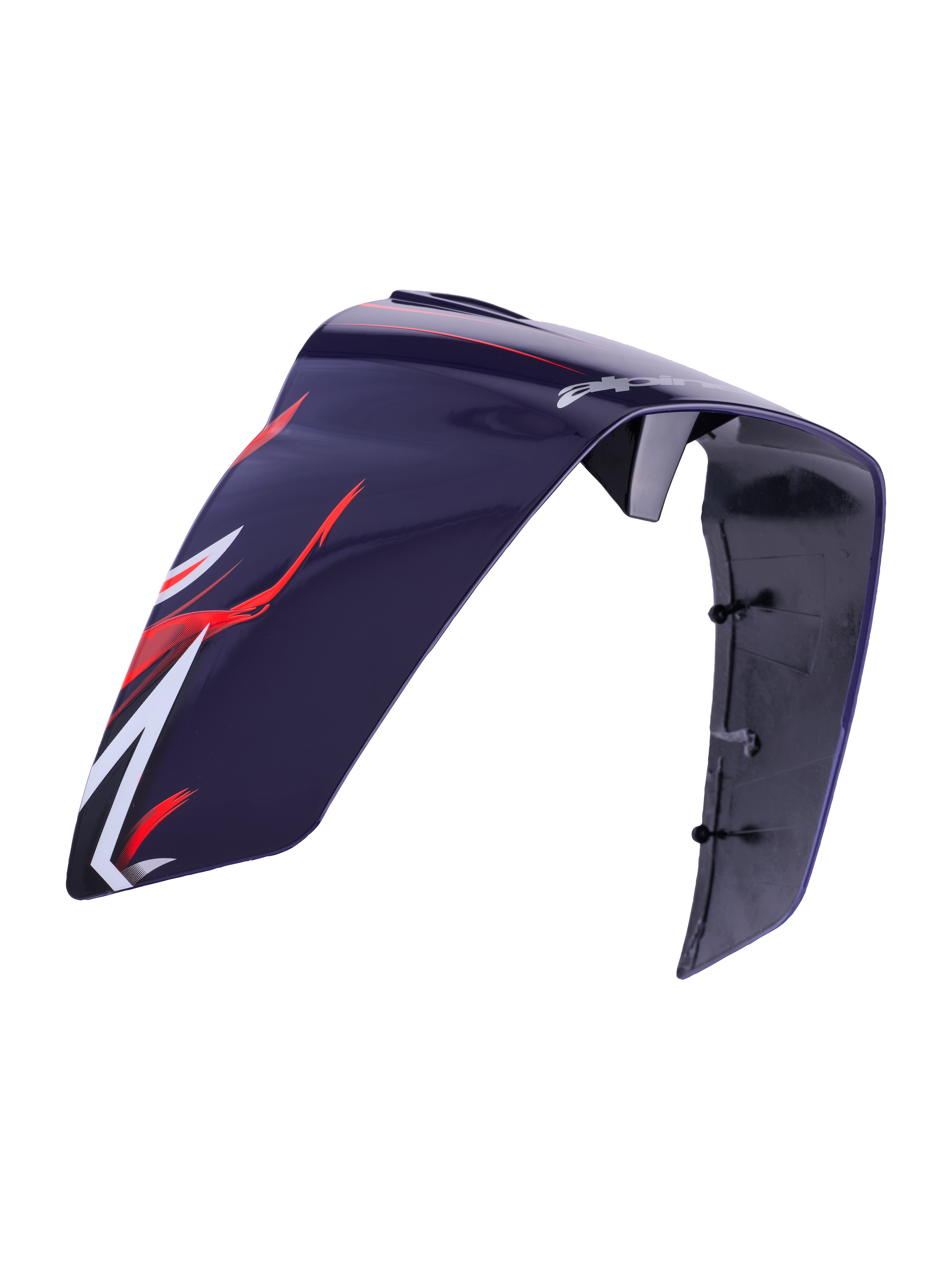 Alpinestars Supertech R10 Flyte Race Spoiler, hjelmtilbehør, blank lilla og rød, med rød og hvid aerodynamisk grafik og Alpinestars-branding, blank plastkonstruktion med synlige monteringspunkter på indersiden, reservedel til racerhjelme.