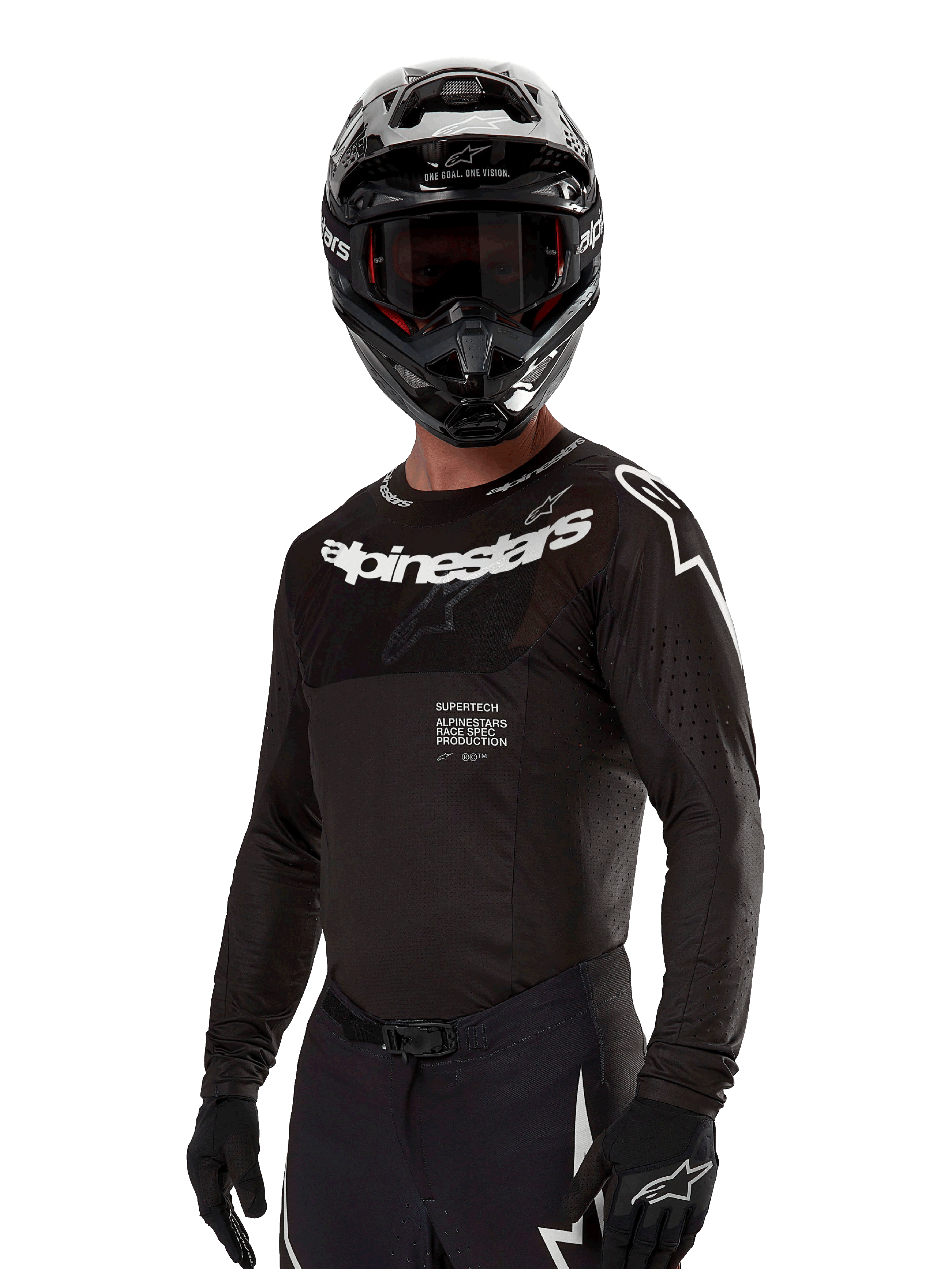 Alpinestars 2024 Supertech Ward Jersey, Motocross Jersey, Black and White, long-sleeve performance gear with bold Alpinestars branding, worn with matching helmet and gloves, athletic fit for off-road riding