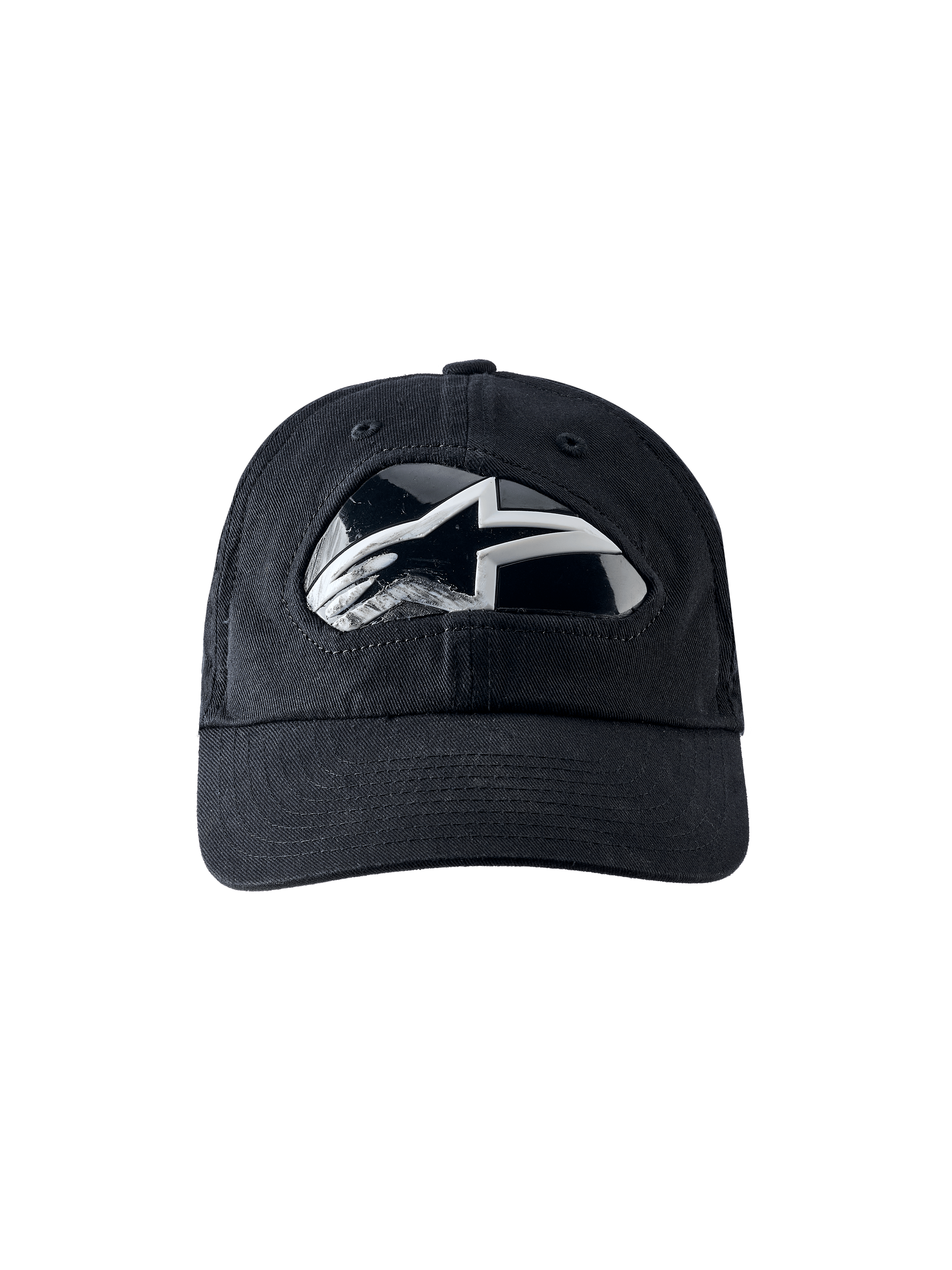 Alpinestars RSRV Shield Cap, sort baseballkasket med reflekterende sølv og hvidt logo, buet skygge, premium konstruktion, moderne streetwear design