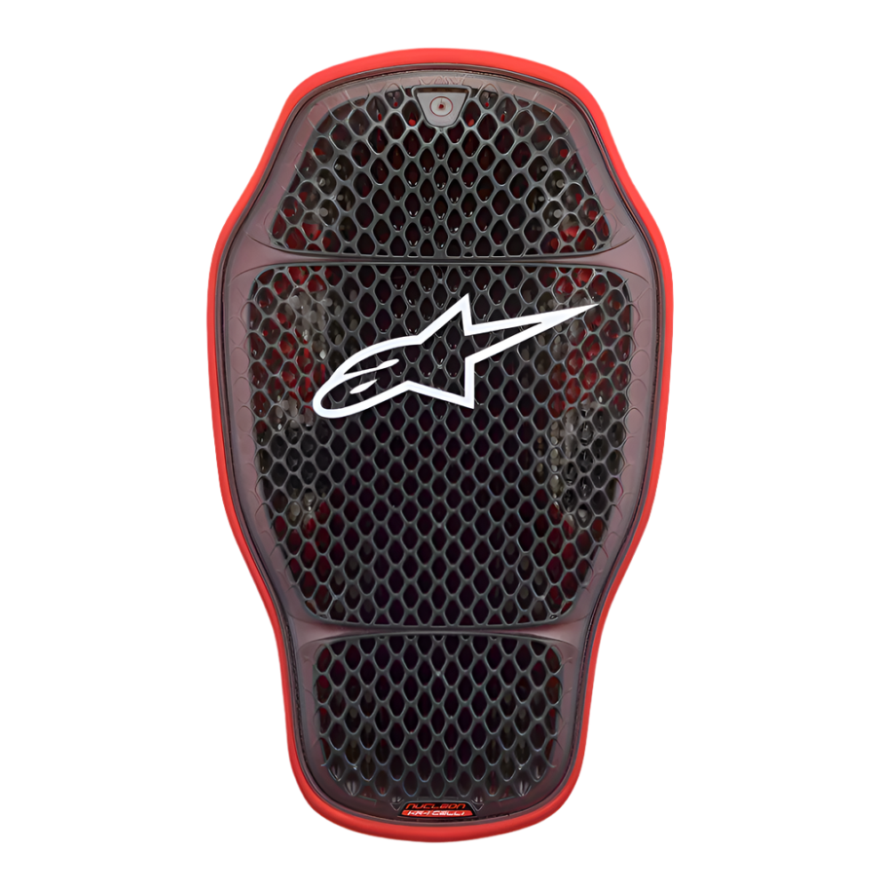 Alpinestars Nucleon KR-1 Cell i rygbeskytter, Transparent Smoke Red, sort honeycomb-cellestruktur med rød yderkant, hvidt Alpinestars-logo, ergonomisk buet form til ventileret motorcykelrygbeskyttelse