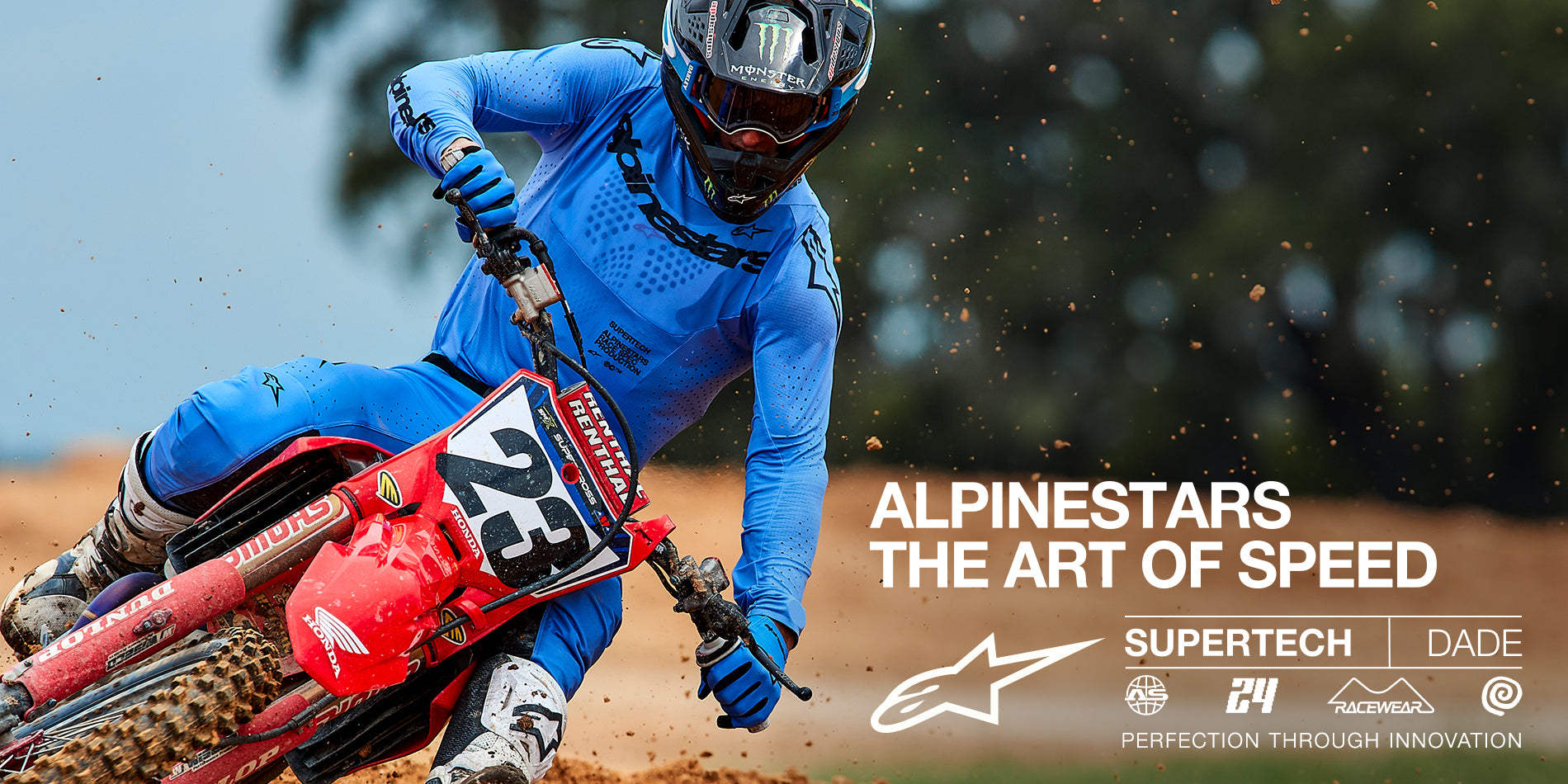 Alpinestars 2024 Supertech Dade Jersey AND 2024 Supertech Dade Pants, Light Blue motocross gear worn by a rider in action.