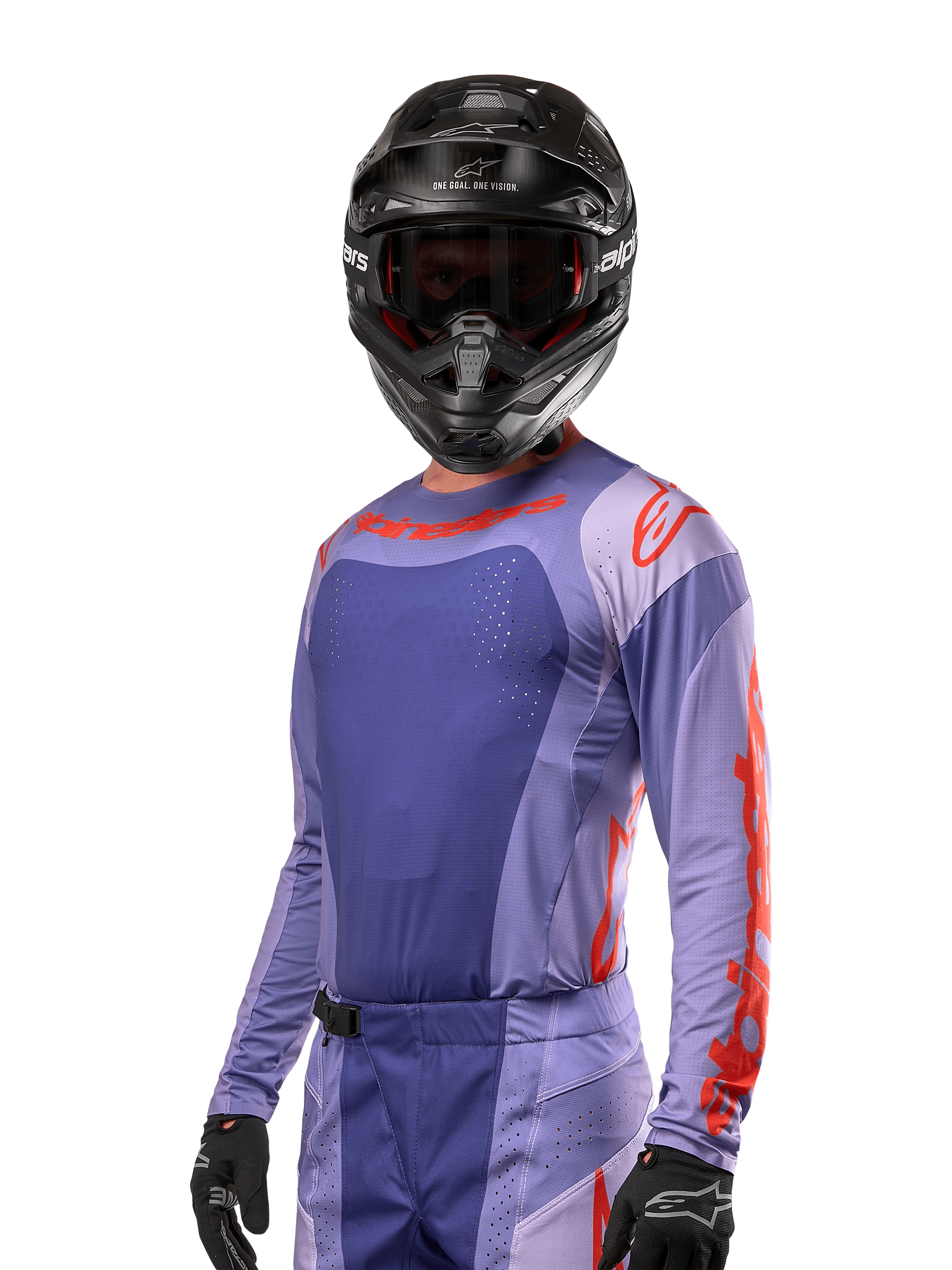 Alpinestars 2024 Techstar Ocuri Jersey, motocross racingtrøje, lilla og stærk orange, langærmet med laser-skårne perforeringer for ventilation, atletisk race-pasform, vist med sort motocrosshjelm og sorte handsker