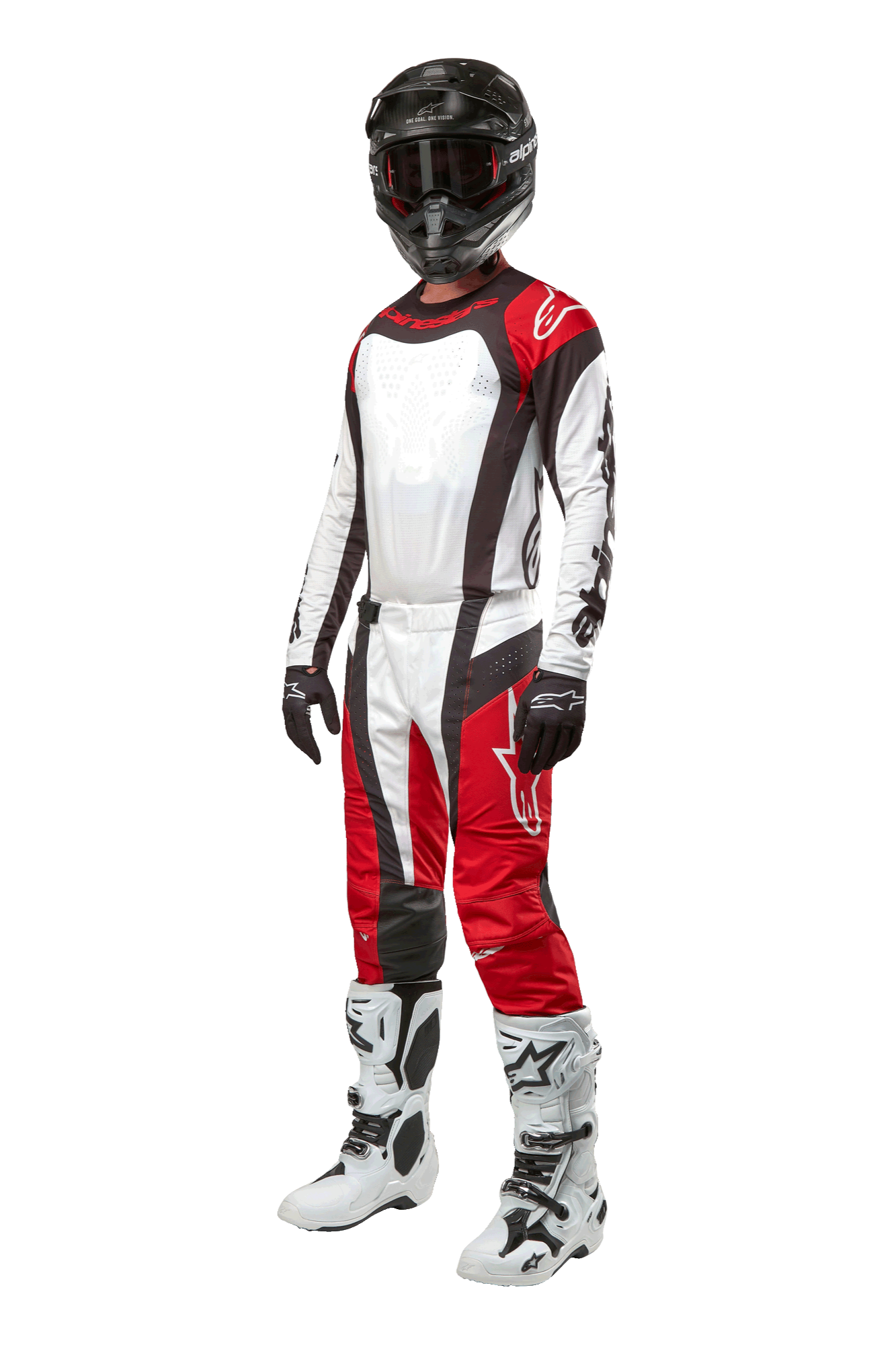 Motocross-rytter iført komplet Alpinestars-udstyr, 2024 Techstar Ocuri-bukser i Mars Red White Black, matchende jersey, sort hjelm med goggles, sort-hvide handsker og hvide motocross-støvler, professionelt off-road raceroutfit