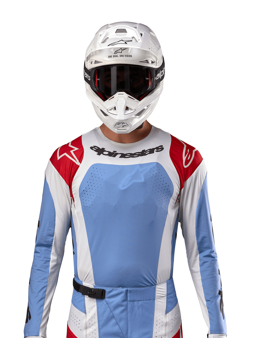 Alpinestars 2024 Techstar Ocuri trøje, motocross racingtrøje, lyseblå, Mars-rød og hvid, set forfra med laserskåret ventilation og atletisk pasform, båret med hvid hjelm og goggles for et professionelt off-road racing-look
