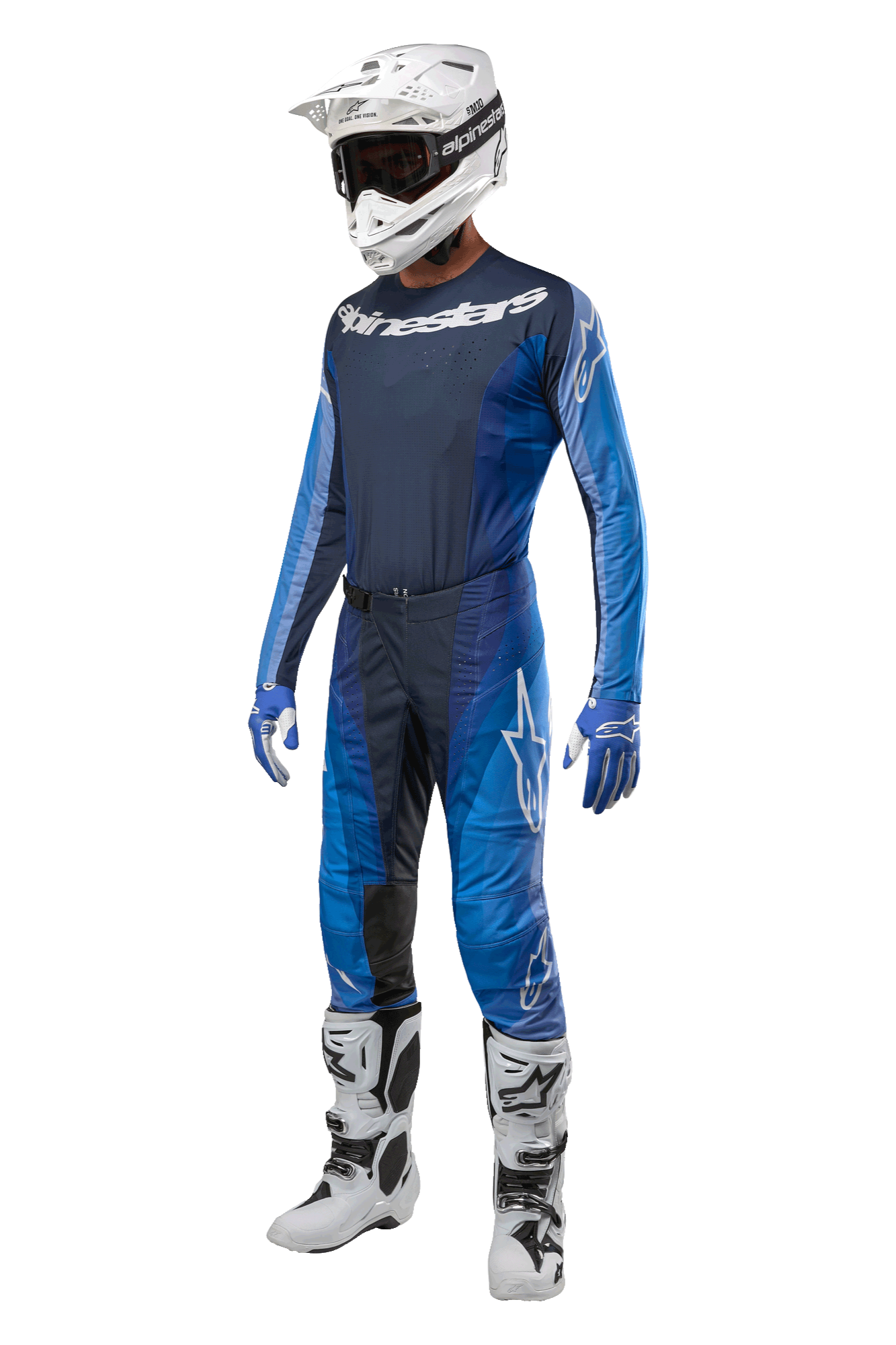 Alpinestars 2024 Techstar Pneuma bukser, motocross-bukser, mørkeblå og lyseblå, komplet racersæt med matchende jersey, hvid hjelm med goggles, blå og hvide handsker og hvide støvler, professionelt off-road udstyrssæt