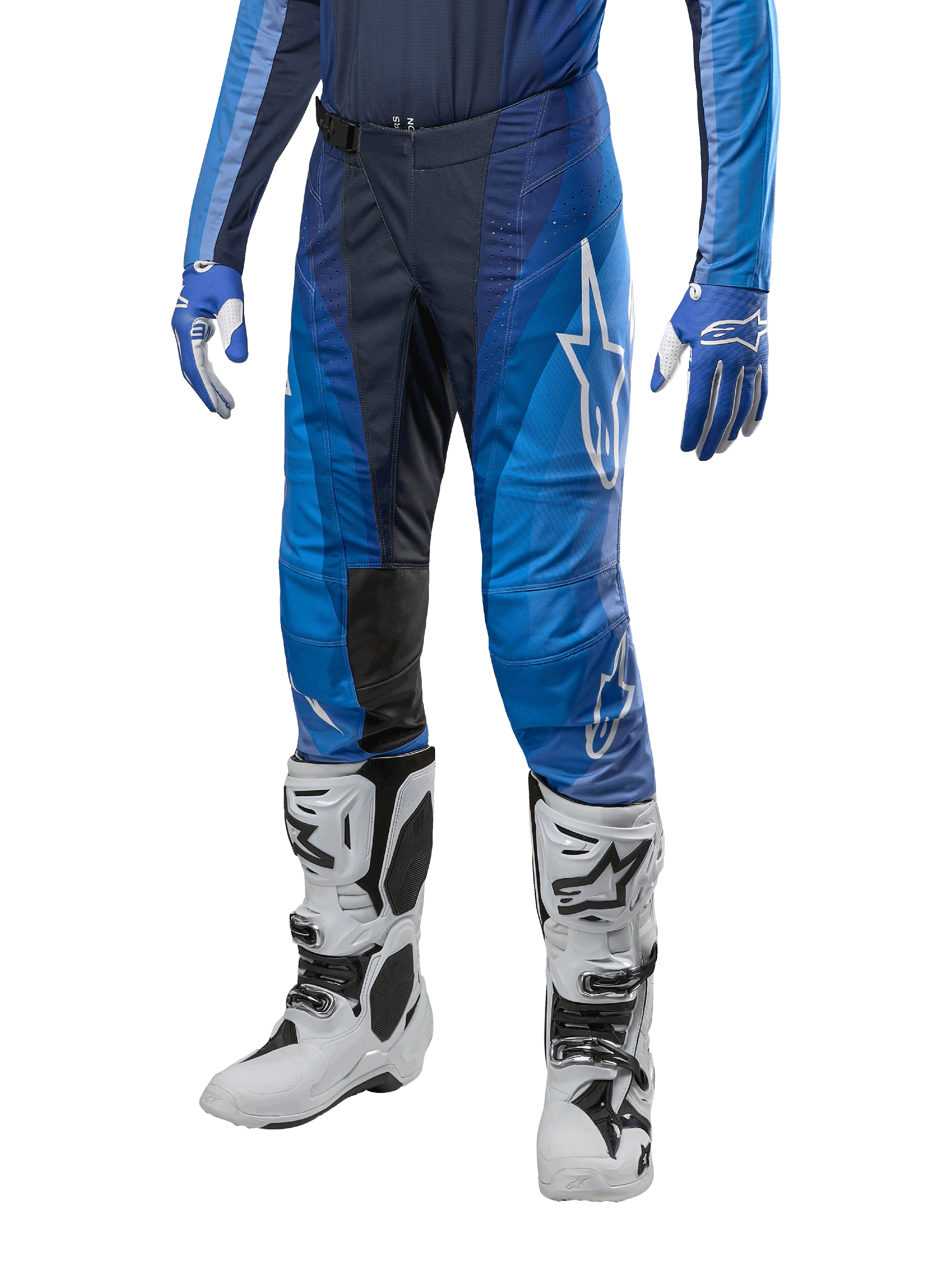 Alpinestars 2024 Techstar Pneuma Pants, Motocross Pants, Dark Navy and Light Blue, worn with matching blue jersey and white boots, featuring white logo on thigh, textured grip areas, sleek sporty design for off-road racing