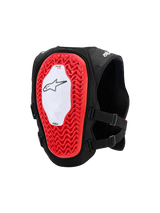 Alpinestars Tech-Air® MX System, autonom off-road airbag-vest, set bagfra med en stor rød Nucleon PLASMA-rygbeskytter med honeycomb-struktur, hvidt midterpanel med sort stjerne-logo, åndbart sort mesh-chassis og justerbare sidestropper