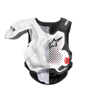 Alpinestars Tech-Air® MX System, autonomt off-road airbag-system, gennemskåret visning der fremhæver den indvendige hvide oppustelige blære og beskyttelsesvest, sort og hvidt chassis med røde detaljer, yder dækning af skuldre og bryst.