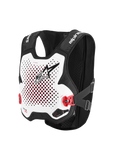 Alpinestars Tech-Air® MX System, autonom off-road airbag-vest, hvid og sort, perforeret hvid brystplade med sort logo, røde sidespænder, sort stretch mesh-chassis, avanceret motocross- og supercross-beskyttelse